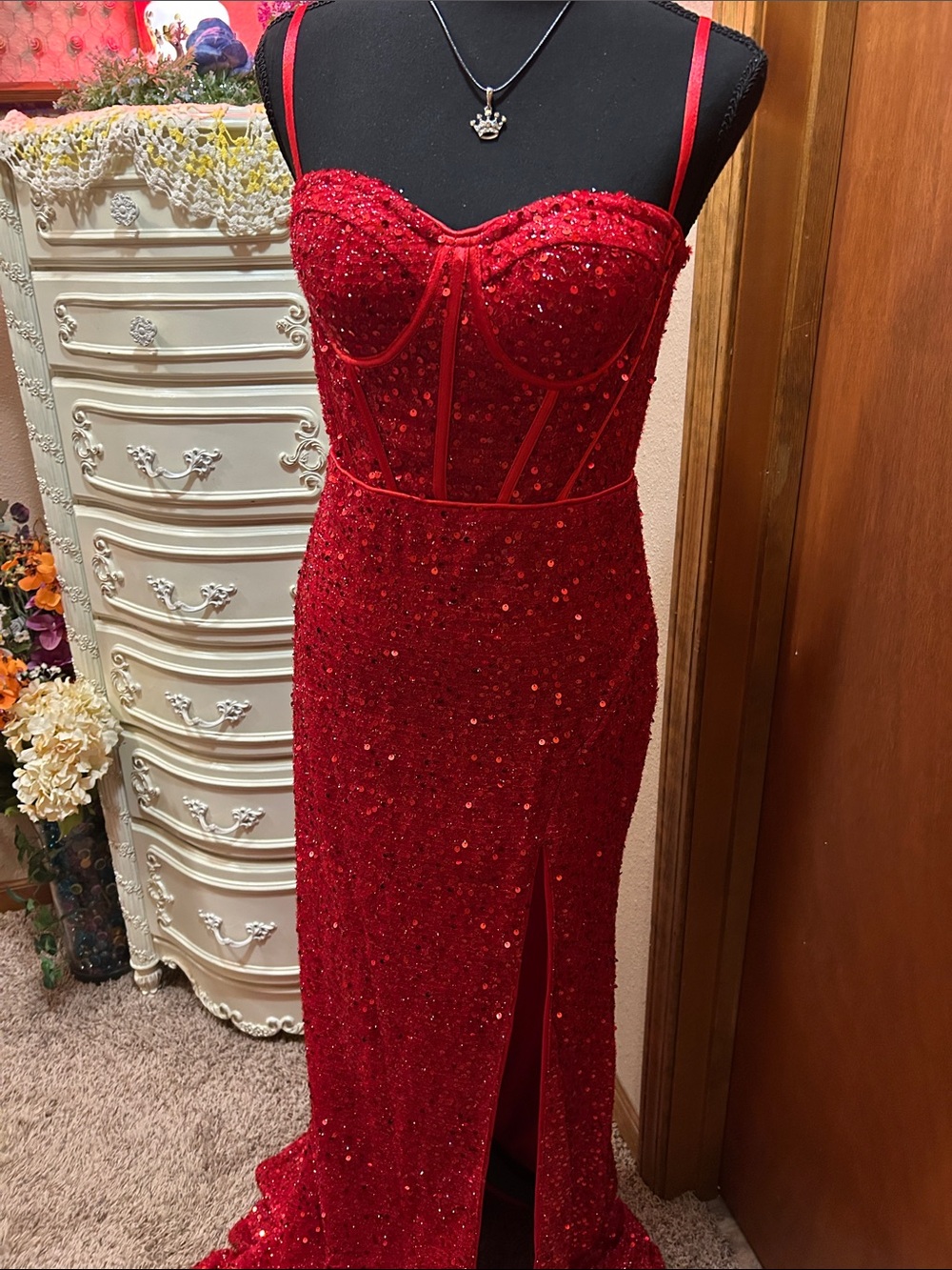 Red Sequin Corset Prom Gown